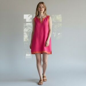 Sigrid Olsen Linen Shift Dress Pink Orange Trim Sleeveless Size M Coastal Womens